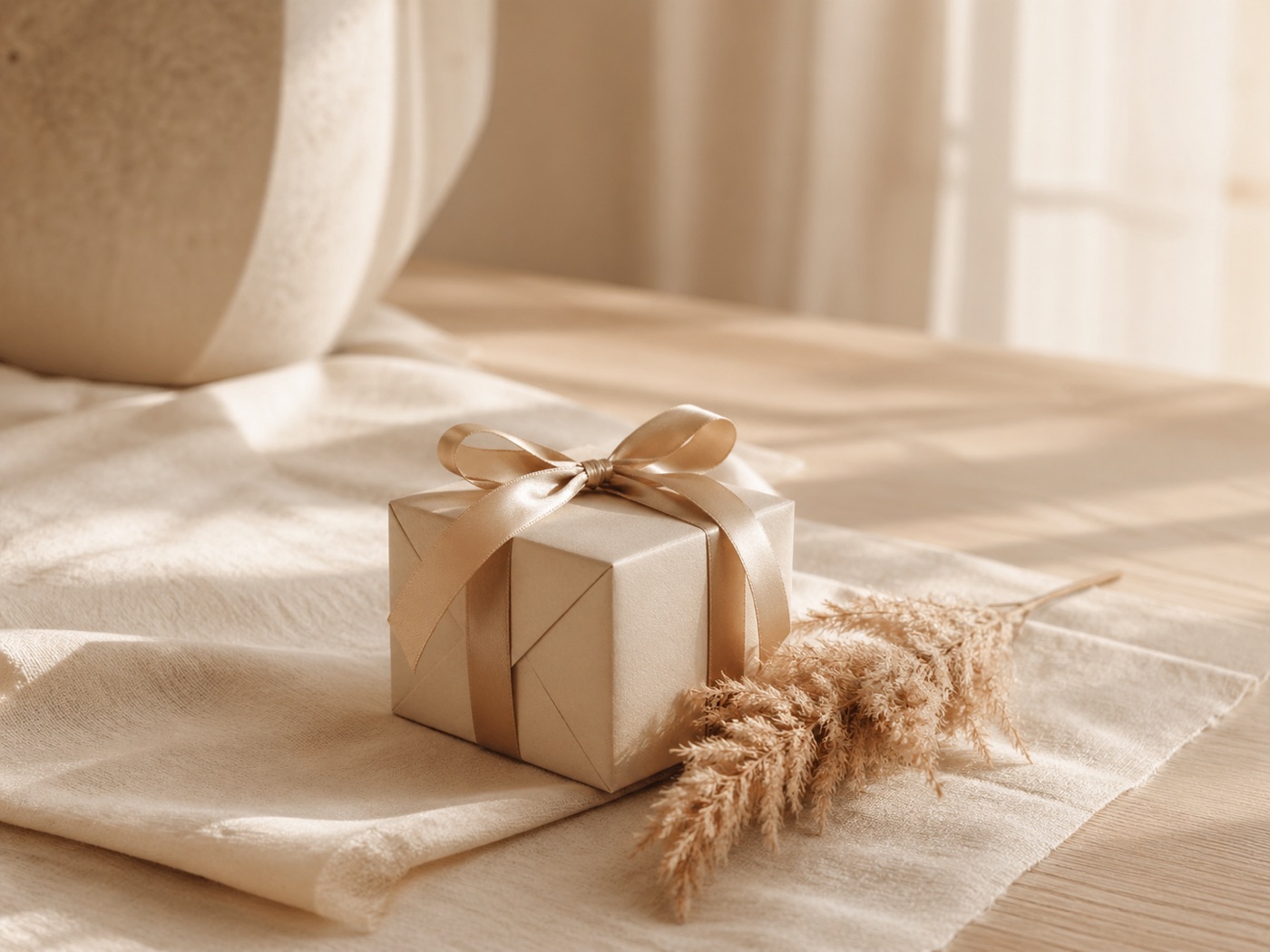 Eingepacktes Geschenk mit Champagne-Schleife und Pampasgras