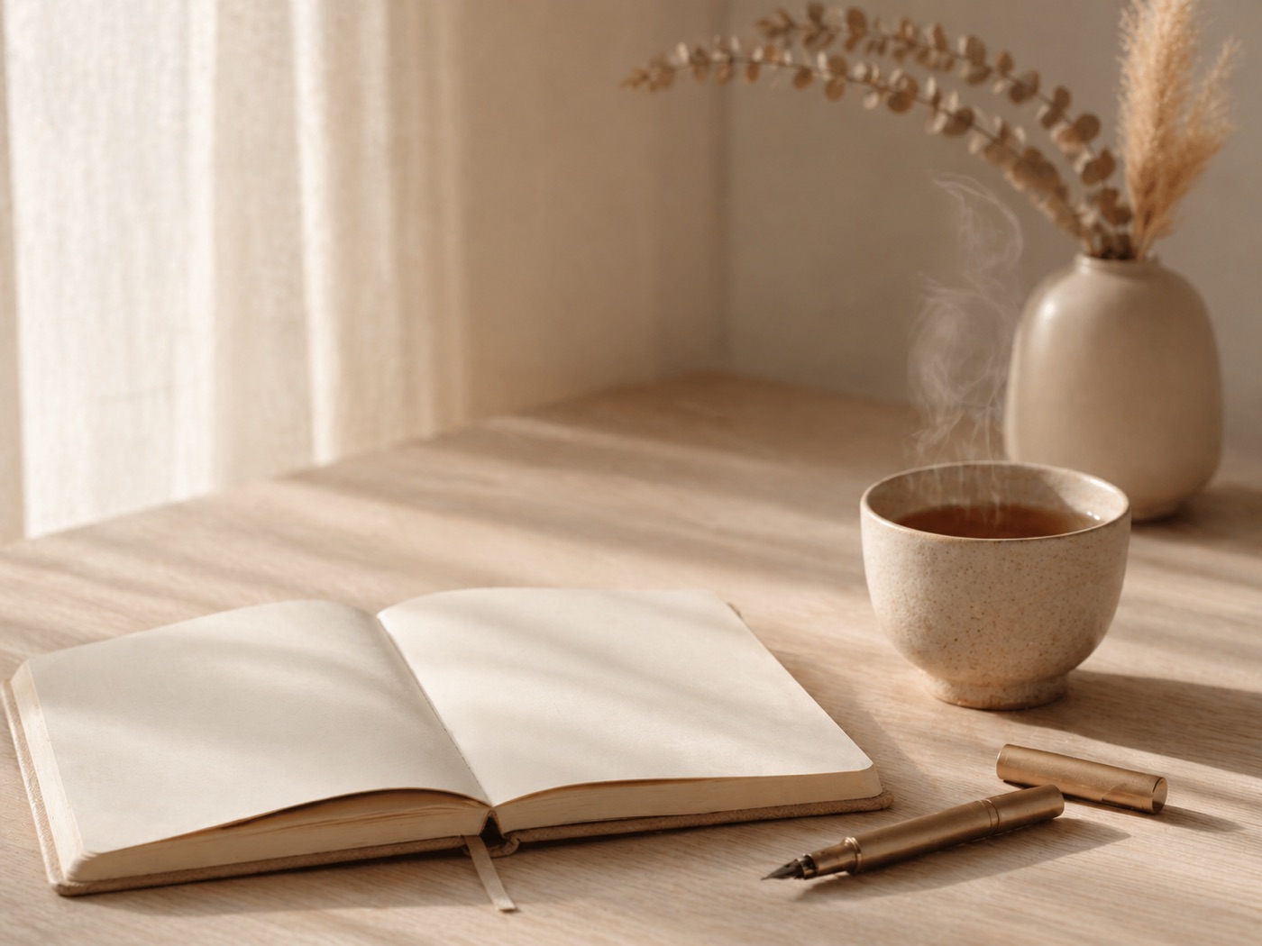 Aufgeschlagenes Notizbuch mit dampfender Tasse Tee