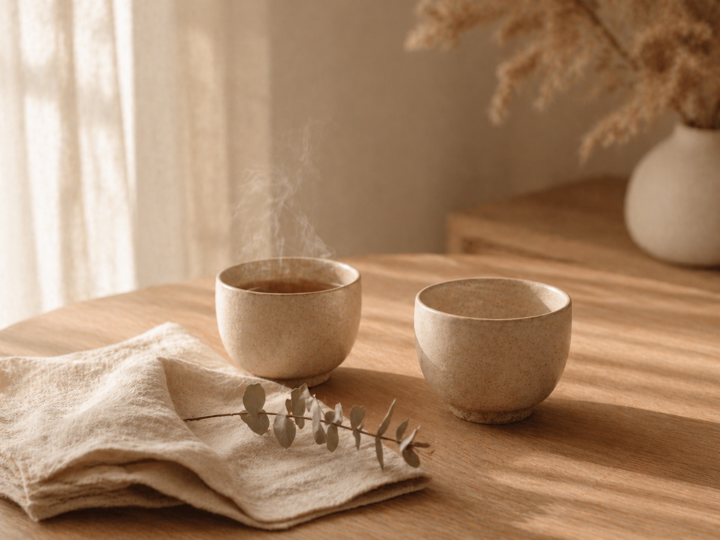 Zwei keramische Tassen mit Tee und Eukalyptus-Zweig